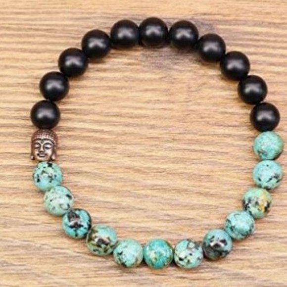 10mm African Turquoise Matte Black Onyx Buddha Head Stone Bead Stretch Bracelet - Picture 4 of 9